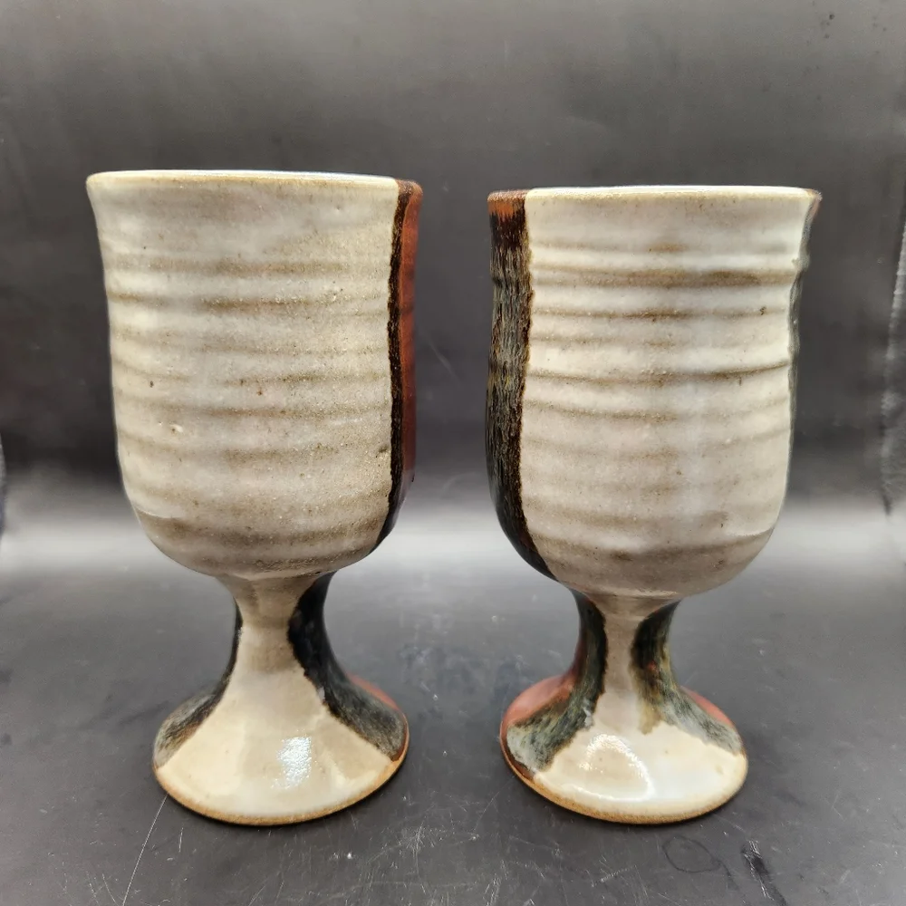 Art Pottery Goblets, Neutral Earth Tones, Set of 2